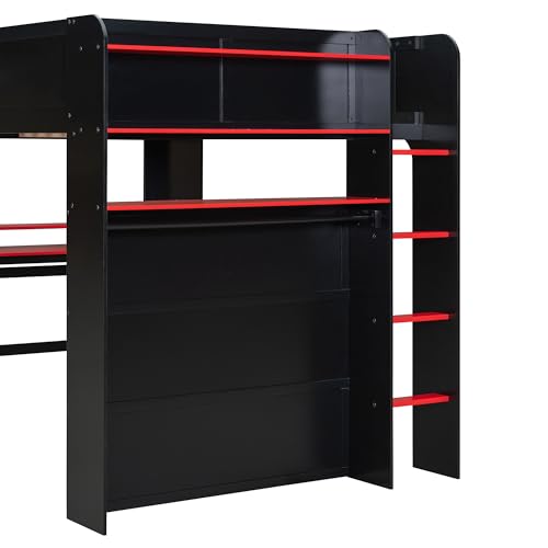CKLMMC Full Size Gamer Loft Bed with Height-Adjustable Desk,Wardrobe,Ample Storage Space,and RGB Light, Wooden Bunk Bed for Gaming Setup (Red/A1) CKLMMC