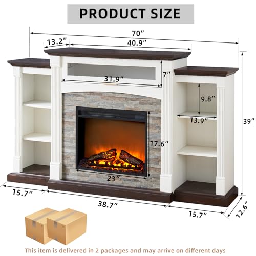 SAVOR LIFE Fireplace TV Stand for 80'' TV, 70" Electric Fireplace with Mantel, White Entertainment Center with Electric Fireplace & LED Lights, TV Console Fire Place TV Stands for Living Room SAVOR LIFE