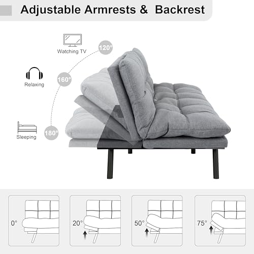 MUUEGM 71" Futon Sofa Bed, Comfortable Memory Foam Futons Sofa with Adjustable Backrest & Armrests, Convertible Loveseat Futon Bed for Compact Living Room, Apartment, Office, Grey MUUEGM