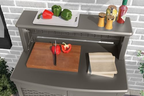 Suncast Patio Plastic Storage and Prep Station with Decorative Wicker Pattern and Multi Wall Panels for Patio, Garden, and Lawn Use, Stoney Gray Suncast