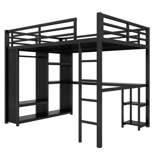 Queen Size Loft Bed with Built-in Wardrobe, Metal Loft Bed Frame with Desk and Storage Shelves, Black Bellemave