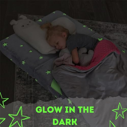 MeMoreCool Glow Star Kids Foldable Floor Mattress Mat with Carry Bag, 3-in-1 Tri-Fold Futon, Soft Plush Glow Cover, Portable for Travel, Grey 63x26 Inch MeMoreCool