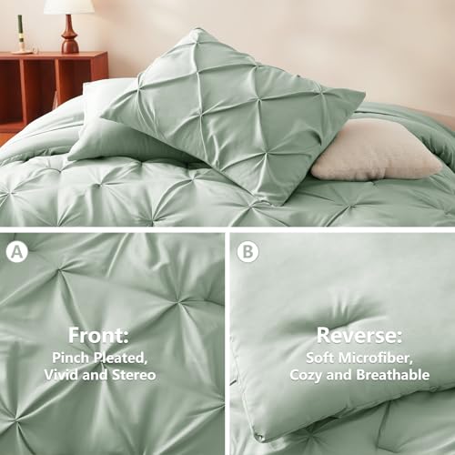 CozyLux Twin Comforter Set with Sheets Sage Green, 5 Pieces Pintuck Bed in A Bag, Twin Bed Set Gift for Family, Pinch Pleat Bedding Set with Comforter, Sheets, Pillowcase & Sham CozyLux