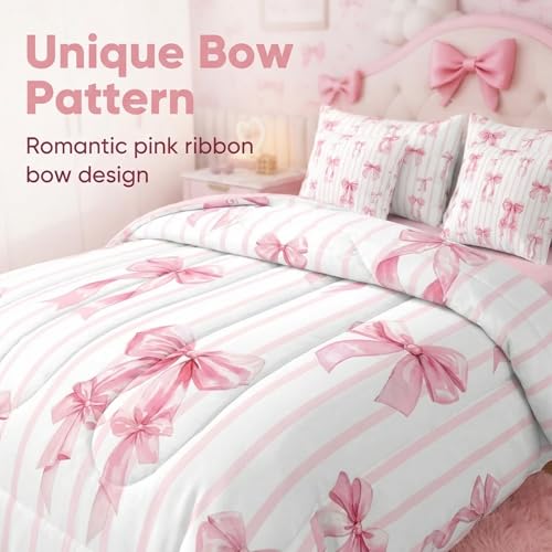 Erosebridal Pink Ribbon Bowknot Bed in A Bag with Sheets for Girls Kids Teens Women Princess Satin Bow Twin Comforter Set 7 Piece Kawaii Coquette Bedding Set Pink Stripes Bed Set Erosebridal