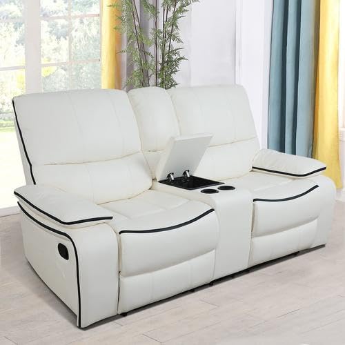 Ocstta Leather Recliner Sofa Set, Leather Couch Set for Living Room, Living Room Furniture Set with Storage Console & Cup Holder for Living Room/Office (Recliner Couch Set) Creamy White Ocstta