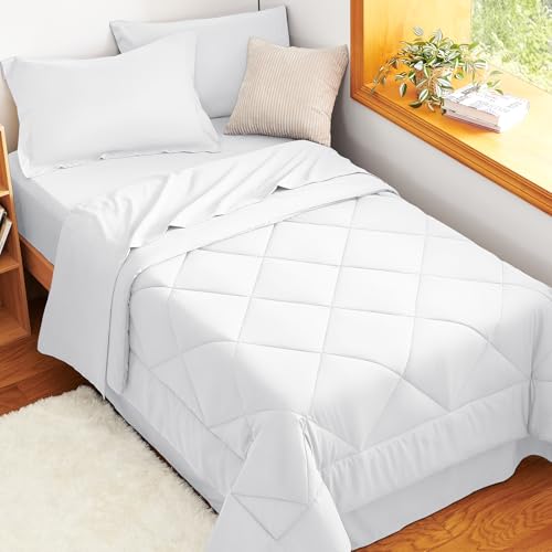 CozyLux Twin Comforter Set with Sheets White - 5 Pieces Bed in a Bag Twin, All Season Bed Set for Girls and Boys, Bedding Set with Down Alternative Comforter, Sheets, Pillowcase & Sham CozyLux