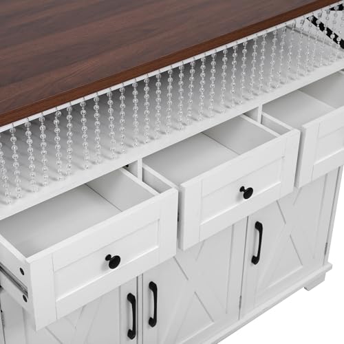 Ball & Cast Farmhouse Kitchen Island with Drape of Beads & Power Outlet, Rolling Kitchen Cart on 5 Wheels, 3 Drawers, Internal Iron Shelf & Towel Rack, for Kitchen & Dining Room, White Ball & Cast