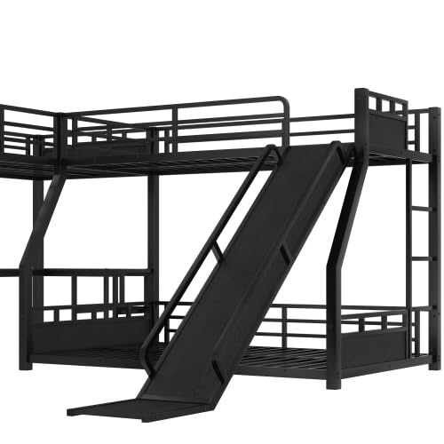 Metal Triple Bunk Beds with Slide, Desk and Storage Shelves, L-Shaped Twin Over Full Bunk Bed with 2 Ladders and Guardrails for Kids Teens, Noise-Free Design (Black, Twin/Full) CITYLIGHT