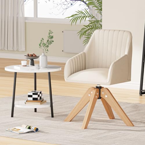 Furniliving 36.8'' Mid Century Modern Swivel Accent Chair for Living Room, Wood Desk Chair with Arms Mid Back Arm Chairs Upholstered Home Office Chair No Wheels for Home Office/Bedroom, Beige Furniliving