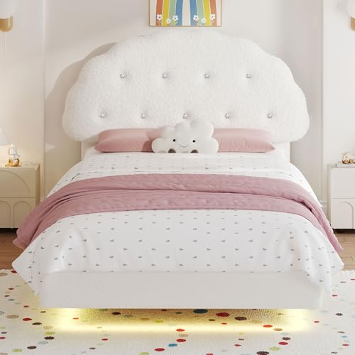 Decofy Cookie Full Upholstered Bed Frame with LED Lights, Floating Bed Frames with Adjustable Headboard and Raised Footboard for Princess/Prince Bedroom, Teddy Velvet(White) Decofy