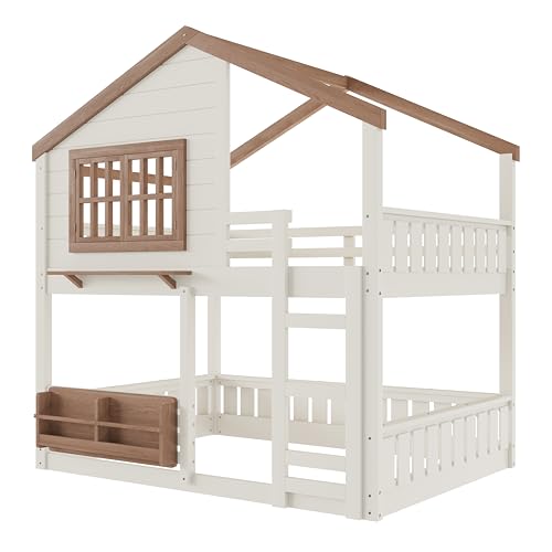 Harper & Bright Designs Full Over Full House Bunk Bed with Window and Roof, Solid Wood Low Bunk Beds with Bookshelf, Ladder and Guardrail, Space Saving for Boys and Girls, Beige & Natural Harper & Bright Designs