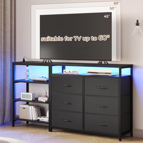 BTHFST TV Stand Dresser Bedroom for 60 Inch TV with LED Lights & Charging Station, Changable L Shape Corner TV Stand, 6 PU Drawers, 3 Open Shelves Entertainment Center (Black) BTHFST