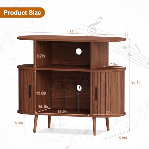 LSHUIZHU Mid Century Modern Record Player Stand with Storage - Large Round Vinyl Storage Cabinet Holds 150+ Records, Turntable Media Console with Fluted Display Shelf for Living Room Bedroom(Walnut) LSHUIZHU