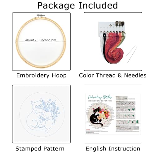 Nuberlic Black Cat Flowers Embroidery Kits for Beginners, DIY Cross Stitch Starter Craft Kits for Adults Including Cloth with Pattern, Hoop, Needles Instruction and Threads
