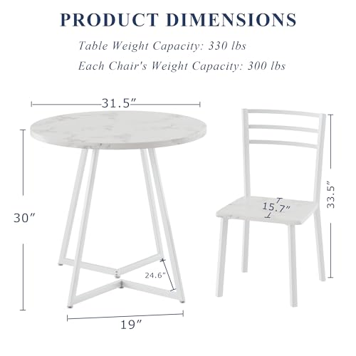 VECELO Small Round Dining Table Set for 2, Wood Tabletop with Strong Metal Frame, Modern Dinette with Chairs for Kitchen, Breakfast Nook Living Room, Faux Marbled & White VECELO