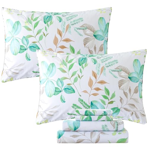 FADFAY Full Sheets 100% Cotton Teal Green Leaf Pattern Printed Bed Sheets, Botanical Sheets Leaves Pattern Modern Minimalist Bedding, Soft Crisp & Breathable Luxury Deep Pocket Fitted Sheet, 4Pc FADFAY