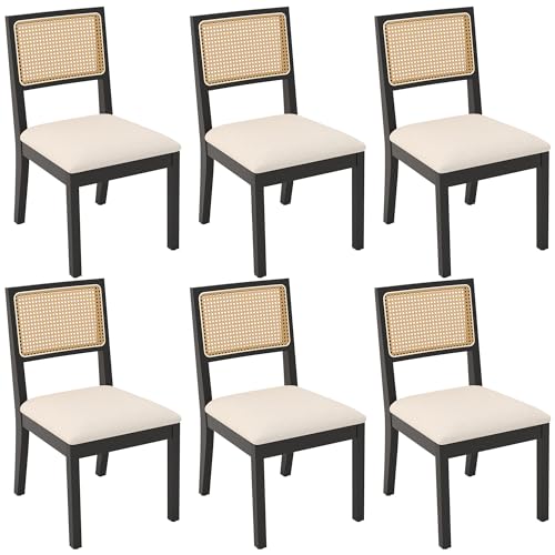 Westice Rattan Dining Chairs Set of 6, Farmhouse Natural Dining Room Chairs with Upholstered Cushion, Wood Armless Chairs for Kitchen/Restaurant, Black Westice