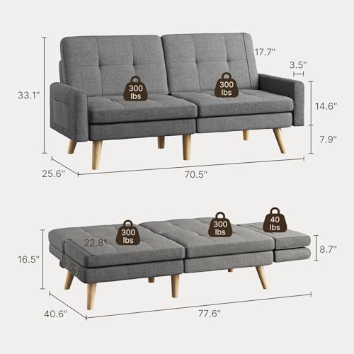 Gizoon Futon Sofa Bed, 70.9" Futon Couch with Adjustable Backrest, Removable Armrest for Extended Length, Mid Century Modern Loveseat for Living Room, 6 Wood Legs, 2 Metal Support Rods, Dark Grey Gizoon