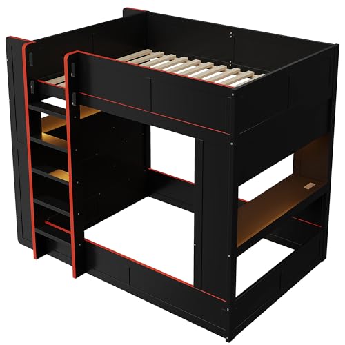 Harper & Bright Designs Full Size Gaming Bunk Bed with Built-in Desk & Shelves for Teens, Space-Saving Bedroom Furniture with Storage Cabinet, Black Harper & Bright Designs