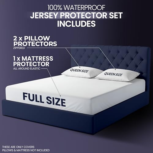 Waterproof Mattress Protector and Pillow Cases, Full Size, Includes +2 Zippered Pillow Protectors and 1 Mattress Cover Set, Fitted Sheet Style Deep Pockets with All Around Elastic Utopia Bedding