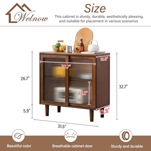 Welnow Buffet Cabinet, Bamboo Sideboard with Storage Kitchen Display Cabinet with 2-Tier Shelves Boho Coffee Bar Tables for Kitchen, Living Room, Entryway, Office, Walnut Welnow