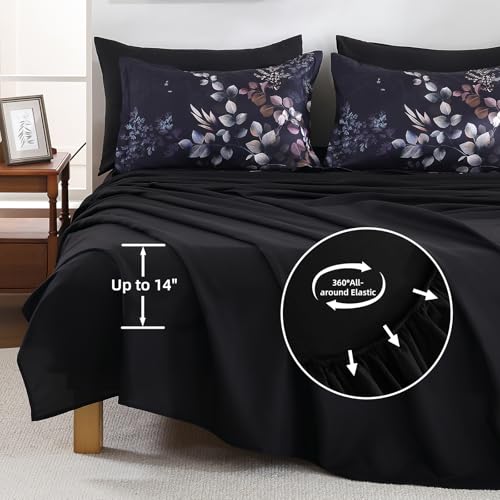 Xruibed Black Comforter Set King Size 7 Pieces Bed in a Bag, Botanical Floral Print Bed Sets, Elegant Flower Comforter with Sheet Set, Soft Microfiber Bedding Set for All Season (Black, 104"x90") Xruibed