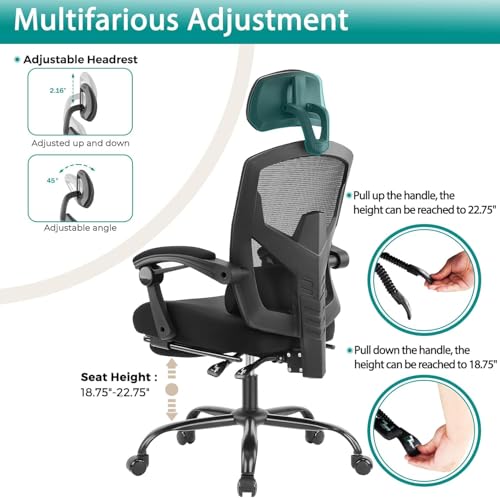 DUMOS Home Office Desk Chair with Footrest, High-Back Mesh Rolling Swivel Reclining Chairs with Wheels, Comfortable Headrest, Lumbar Support, Comfy Arms for Home, Office, Gaming, Student, Inky DUMOS