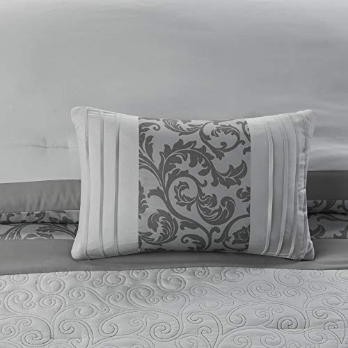 510 DESIGN Luxe Quilted Comforter Set Modern Transitional Design, All Season Down Alternative Warm Bedding Matching Shams, Bedskirt, Decorative Pillow, Cal King, Ramsey Damask Grey
