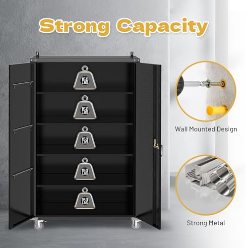 biosp 72" H Wide & Deep Garage Storage Cabinet with Wheels & Pegboards, Metal Storage Cabinet with Locking Door & Adjustable Shelves, Rolling Tool Cabinet for Garage, Shop, Office, 72"x43"x22" biosp