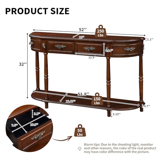 HMFULE Retro Curved Console Table, 52" Half Moon Console Table Sofa Table Entryway Table with 2 Drawers 1 Open Shelf Solid Pine Legs for Living Room,Entryway,Hallway,Cherry HMFULE