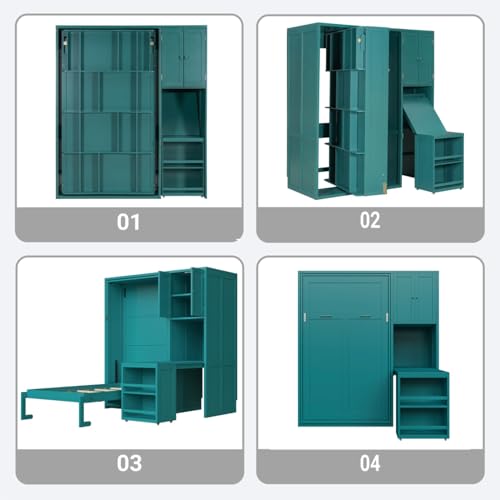 KALALLA Twin Size Rotating Wall Murphy Bed with Bookshelf, Top Cabinet, Horizontal Murphy Bed Frame with Extendable Desk & Side Storage, Space Saving, Boys Girls Kids Adults, Teal KALALLA