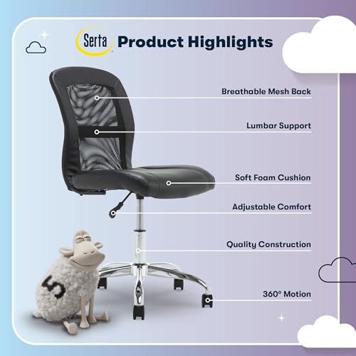Serta Essential Armless TaskChair, Small Desk Chairs with Wheels, Breathable Mesh Back and Faux Leather, Quality Foam Cushion Seat for Comfort, Minimal Design for Vanity Table, Black Serta