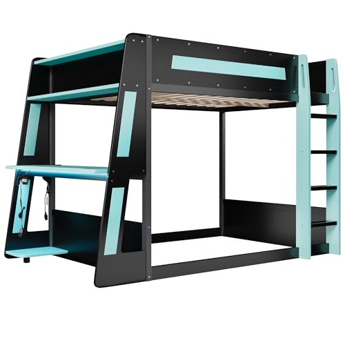 Merax Full Over Full Wooden Gaming Bunk Bed with Built-in Desk, LED Lights, USB Port, and 2 Storage Shelves, Solid Wood Gaming Loft Bed for Bedroom, Black+Blue Merax