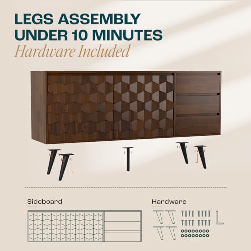 Bme 61'' Mid Century Modern Cabinet with Geometric Pattern for Kitchen, Dining, Living Room Sideboard Georgina Solid Wood 2 Doors & 3 Drawers, Walnut Bme