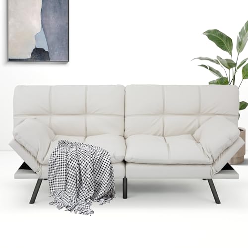Opoiar 71-Inch Futon Sofa Bed, Convertible Guest Bed & Loveseat | Cozy Faux Leather with Adjustable Positions for Welcoming Living Rooms - White Opoiar