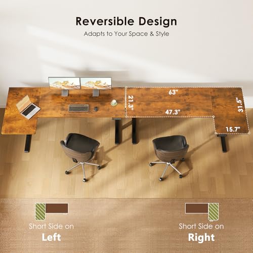 OffiGo Electric L Shaped Standing Desk, 63 Inches Height Adjustable Table, Reversiable Corner Stand Up Desk, Lifting Computer Table for Home Office, Computer Workstation, Rustic Brown OffiGo