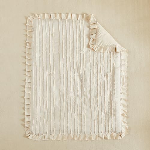 3 Pieces Tufted Stripes Crib Bedding Set with Ruffle Fringe, Beige Ruffled Comforter with Fitted Sheet and Bed Skirt , Soft and Embroidery Shabby Chic Boho Bohemian Jacquard Design for Baby Girls Boys Flysheep