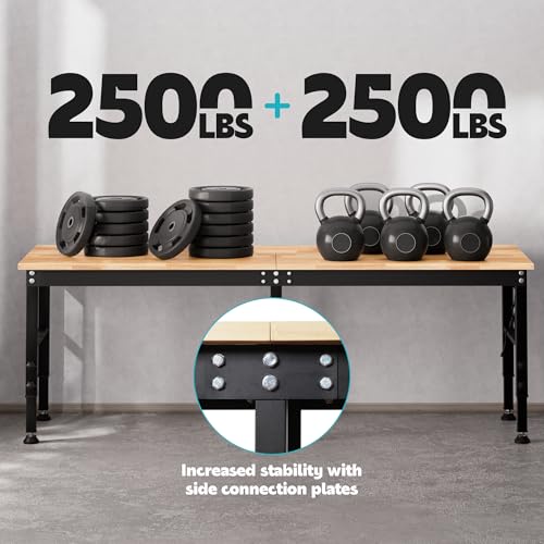 96'' Adjustable Workbench, 2500 LBS Load Capacity Heavy Duty Workstation with Power Outlets & Pegboard, Rubber Wood Top Worktable for Garage, Office,Workshop, Commercial Antifir