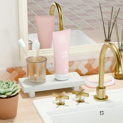 Greatseas Bathroom Tray Bathroom Decor, Small Bathroom Counter Organizer Wood Pedestal Stand, White Wood Tray for Kitchen Sink Vanity Countertop, Dish Soap Holder Display Risers 8.7" x 3.5" x 1.6" Greatseas