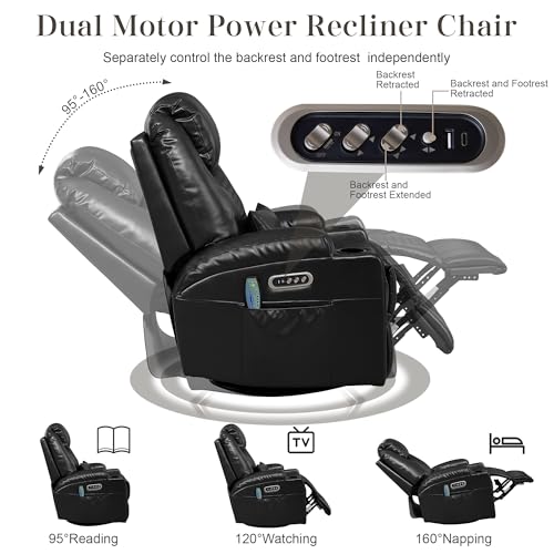 AHMED Dual Motor Power Swivel Rocker Recliner Chair with Massage & Heat, Electric Glider Rocking Chairs with Cup Holders,LED Lights, USB A/USB C Ports for Living Room, Nursery, Black