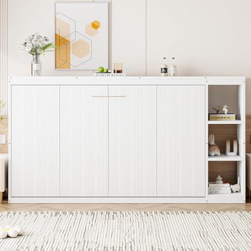 Virubi Twin Horizontal Murphy Bed with Storage Shelves,Wood Fold Up Modern Murphy Wall Bed Cabinet with Storage Bookcase for Adults (White,Twin) Virubi