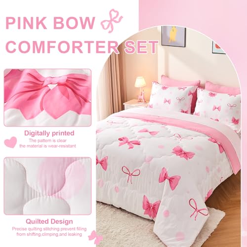 Wajade 7 Piece Pink Bow Bedding Set for Girls Kids Twin Size Comforter Set with Sheet and 2 Pillowcases 2 Pillow Shams Cute Girls Bed in a Bag as Birthday Choice Wajade
