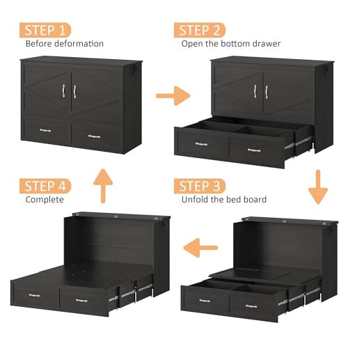 Harpaq Full Size Murphy Bed, Full Size Cabinet Bed Frame with Storage Drawer, Farmhouse Wooden Cabinet for Bedroom/Office/Guest Room, Black+Barnwood Harpaq