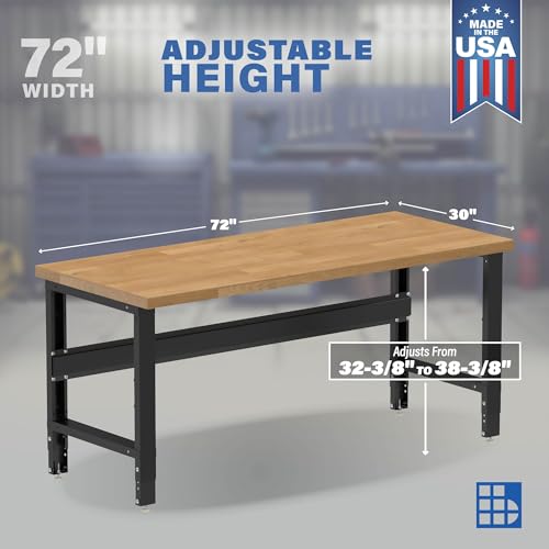 Borroughs 72" W x 30" D Heavy-Duty Industrial Workbench, Hardwood Top, 2000 LB Capacity, Adjustable Height 32-38" Borroughs