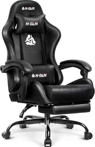 N-GEN GAMING Video Gaming Chair with Footrest Lumbar Support for Home Office High Back Recliner Height Adjustable Ergonomic Comfy Leather Computer Desk Chair (Carbon Black)
