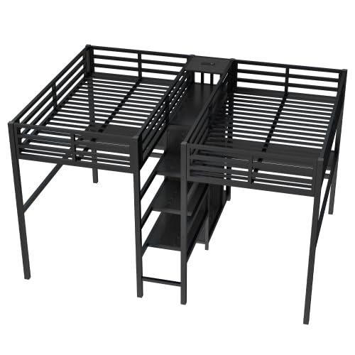 Harper & Bright Designs Double Loft Bed Twin Size with Desk and Wardrobe for 2, Heavy Duty Metal Loft Bed Frame with Storage Shelf and Electrical Outlet, Black Harper & Bright Designs