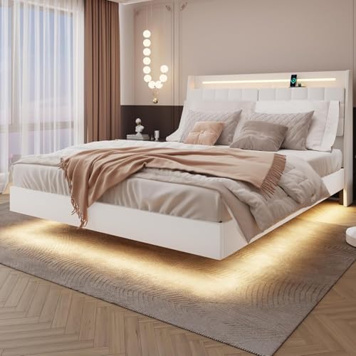 bzbbzc Floating King Size Bed Frame with RGB LED Lights & Charging Station, Upholstered Platform Bed with Hidden Storage Headboard & Shelves, Noise Free, Heavy Duty Frame, Beige bzbbzc