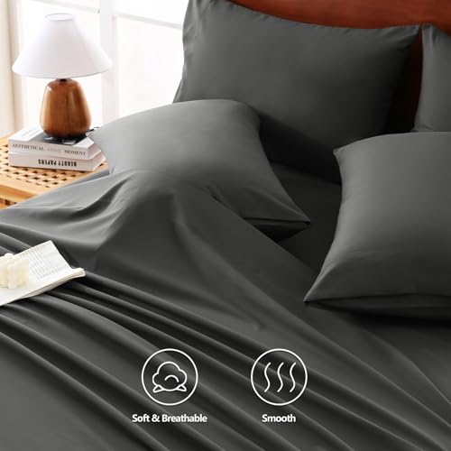 CozyLux Extra Deep Pocket King Size Sheets Set - 6 Piece King Sheets - Luxury Sheet King Size Fits Up to 21 inches Mattresses, Breathable King Sheet Set & Pillowcases - Easy & Secure Fit, Dark Grey CozyLux