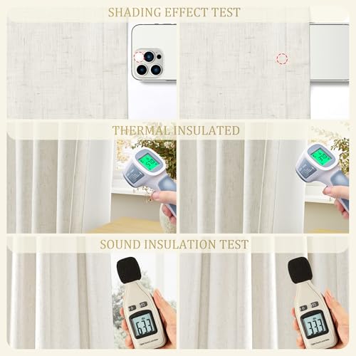 Jowels Cream Linen Blackout Curtains 108 Length 2 Panels Set for Living Room Bedroom, 100% Black Out Thermal Insulated Linen Drapes, Room Darkening Grommet Curtains 108 Inches Long Natural Beige Jowels