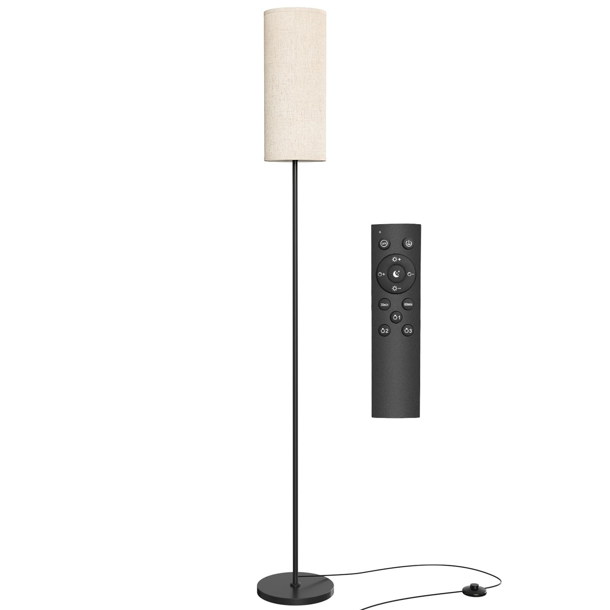 Karjoefar Floor Lamp for Living Room, Modern Standing lamp with Remote Control, Stepless Dimmable 9W Bulb & Beige Lampshade Included, Black Pole Tall Floor Lamp for Bedroom Office Karjoefar